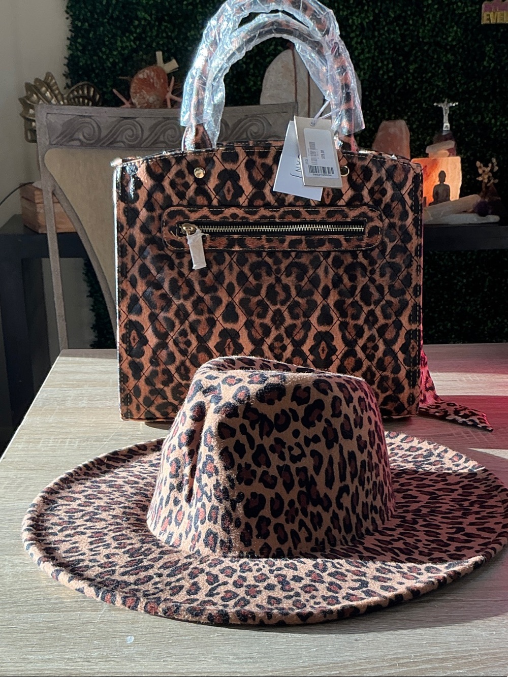 Leopard Print Women's Hat and Tote Set - Brown Leopard